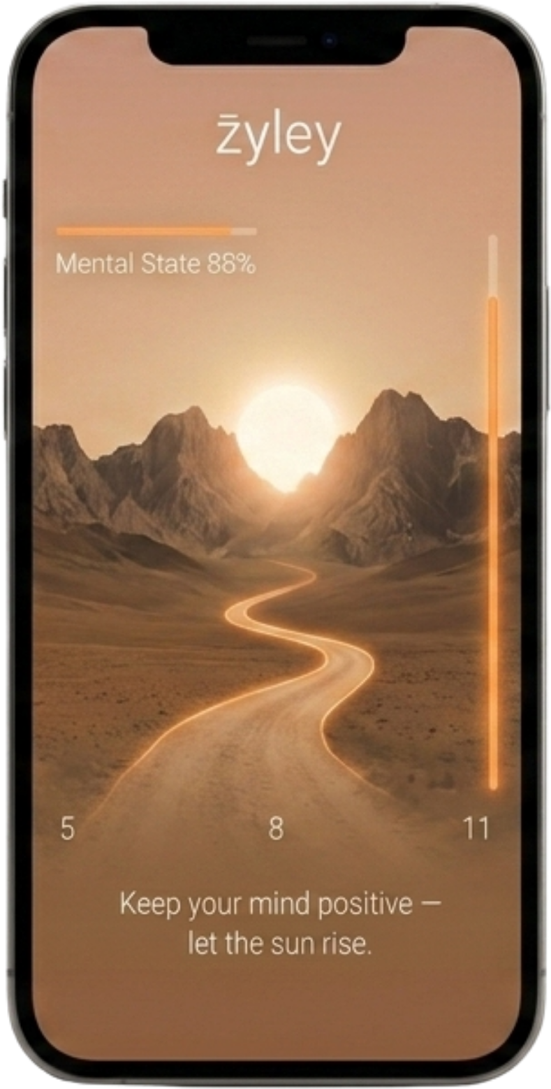 zyley app, sun risen and mental state at 88 percent